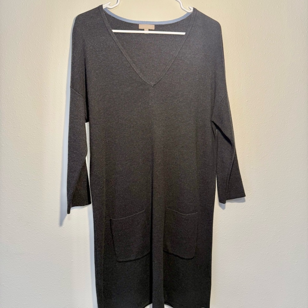 Lilla P Cotton Modal Tunic Dress with Pockets V Neck Charcoal